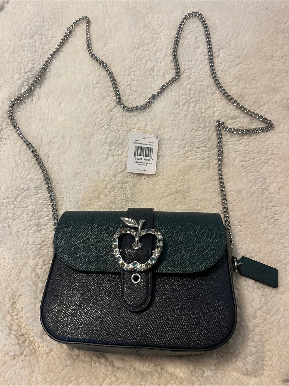 Coach Dark Green and navy Pebbled Leather Crossbody with Crystal Apple Accent